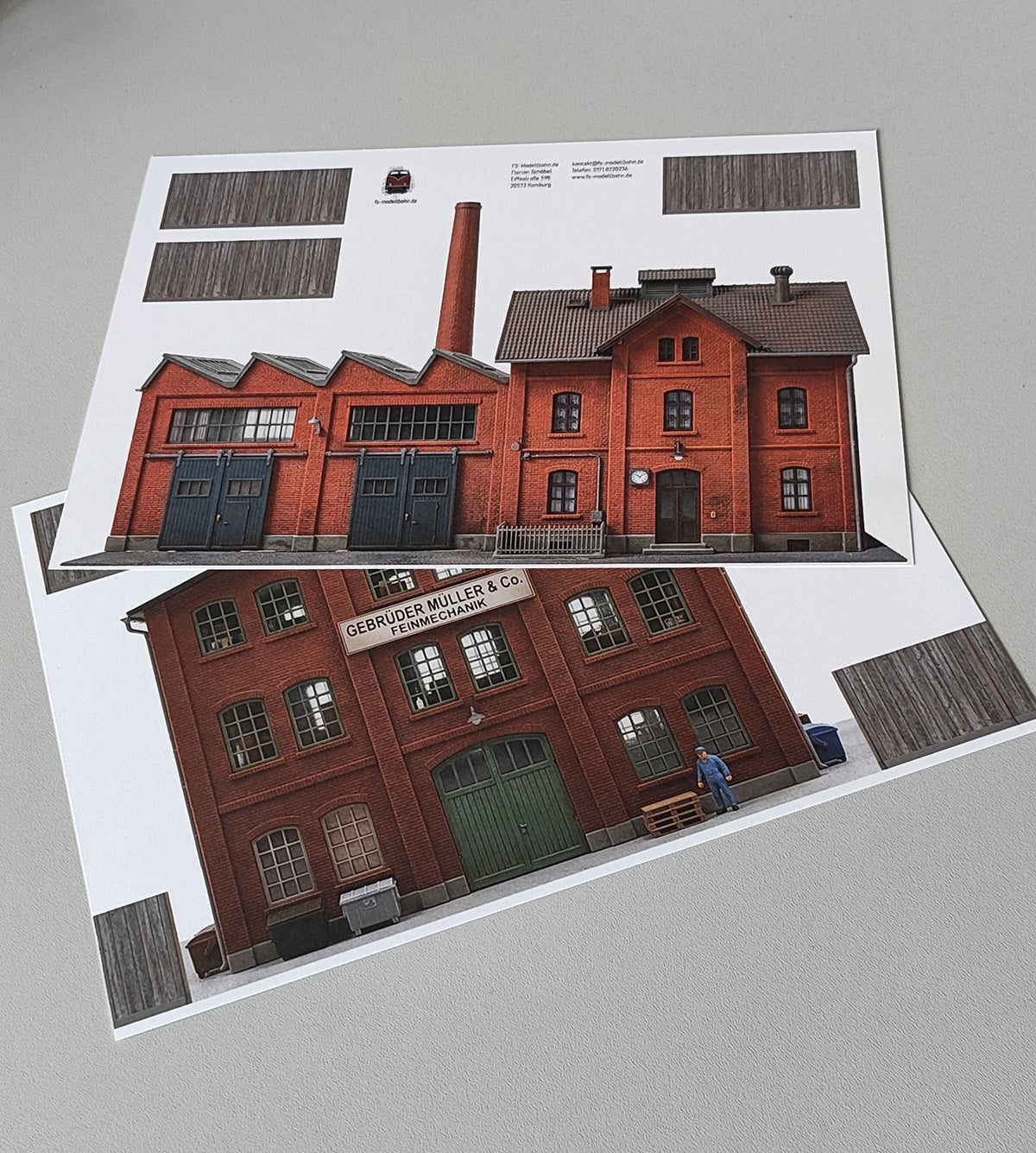 Modellbahnhintergrund 2er Set Gewerbe mit Fabrik und Metallverarbeitung Spur H0 1zu87