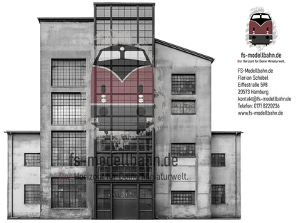 Modellbahnhintergrund graues Industriegebäude Spur H0 1zu87 zum Download