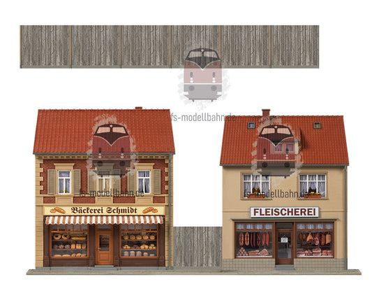 Model railway backdrop two-story facades with bakery Schmidt and butcher shop with wooden fence H0 scale 1:87