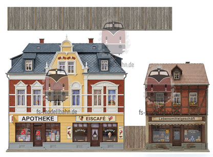 Model Railway Backdrop 3-Piece Set Small Town Buildings with Retail H0 Gauge 1:87
