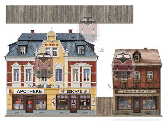 Modellbahnhintergrund zweigeschossige Gebäude Apotheke und Eiscafe in prachtvollem Gründerzeitbau und Lebensmittelgeschäft mit Fachwerk und Bretterzaun H0 1zu87