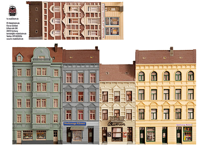 Modellbahnhintergrund Gründerzeitaltbauten 32cm Breite mit Ladengeschäften zum Kombinieren Spur TT in 1 zu 120 | FS-Modellbahn