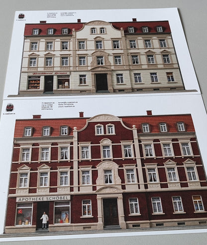Model Railway Backdrop 2-piece Set Wilhelminian-Era Multi-Family Houses for City H0 Scale 1:87