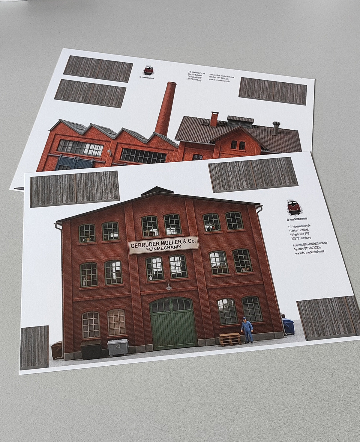 Modellbahnhintergrund 2er Set Gewerbe mit Fabrik und Metallverarbeitung Spur H0 1zu87