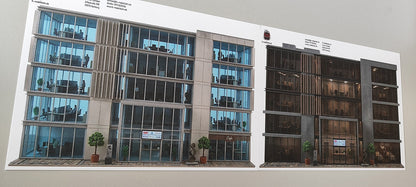 Modellbahnhintergrund 2er Set moderne Bürogebäude mit getönten Glasfassaden für Stadt Spur H0 1zu87