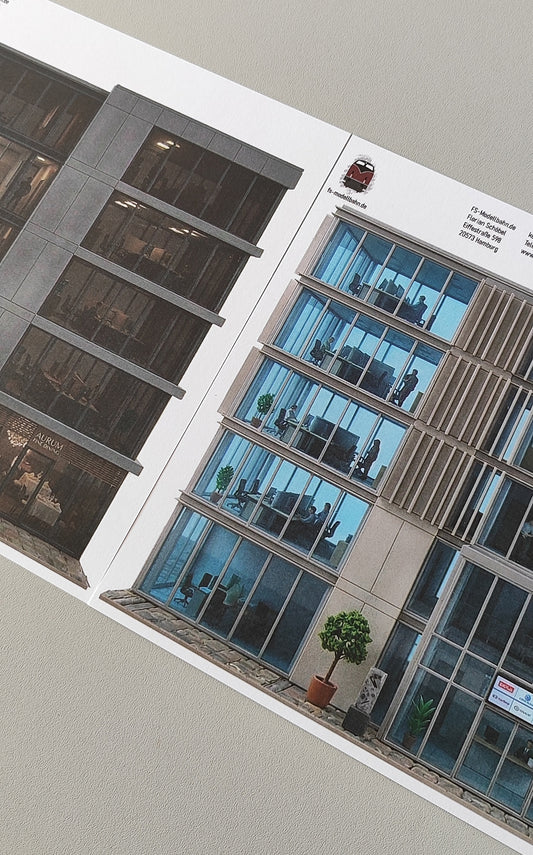 Model Railway Backdrop 2-piece set Modern Office Buildings with Tinted Glass Facades for City H0 Scale 1:87