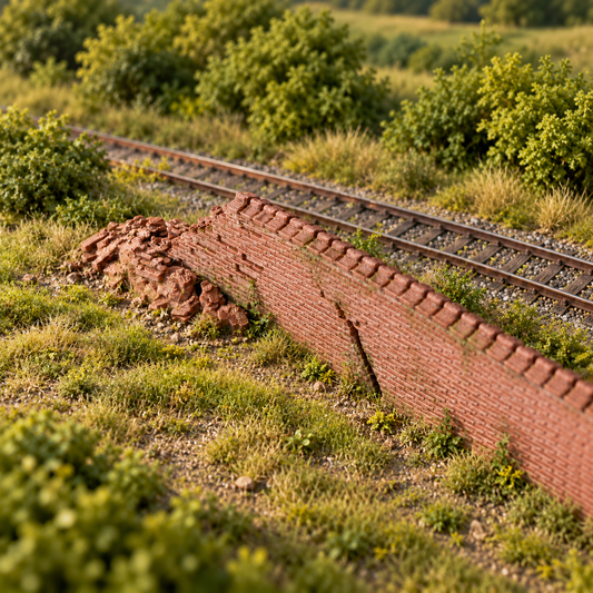 Collapsed brick wall with crack and rubble pile, H0 scale