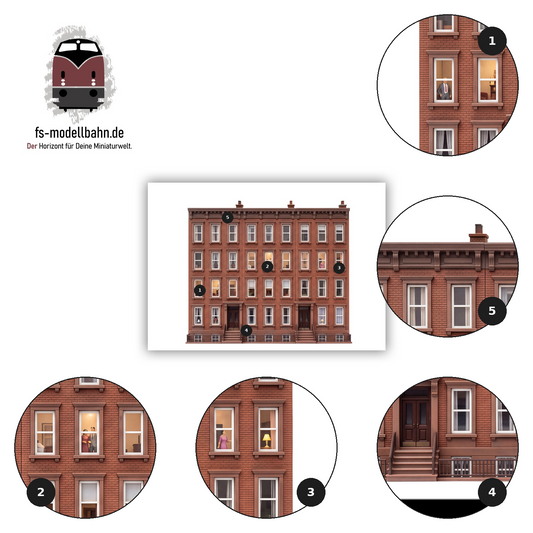 Modellbahnhintergrund Brownstones 4-geschossig Mehrfamilienhaus Maßstab H0 1:87 zum download