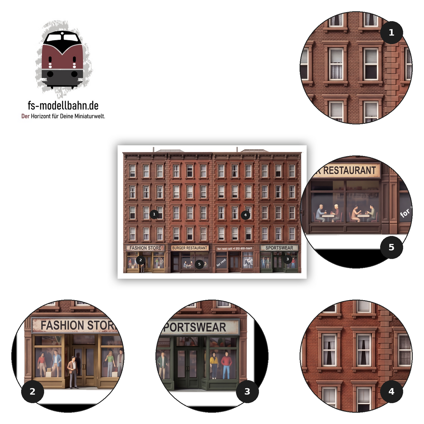 Modellbahnhintergrund Brownstones 4-geschossig Fashion store, Burger Restaurant, for rent, Sportswear Maßstab H0 1:87 zum download